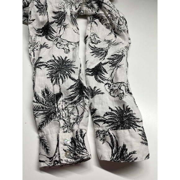 Joie Button Top Medium Linen Floral Animals Long Sleeve Roll Tab White Beach - Picture 6 of 14